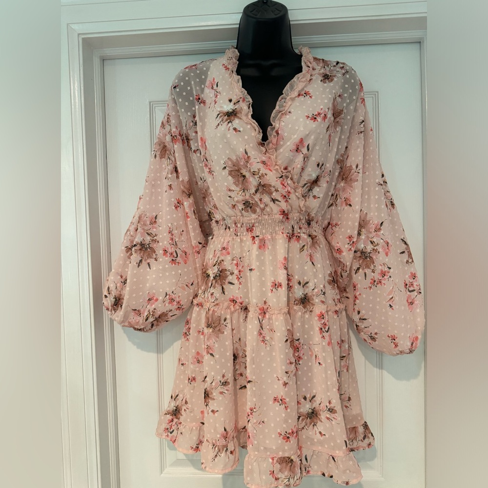 Romantic Peach Love Pink Floral Boho Dress with tie neckline and boho ruffles